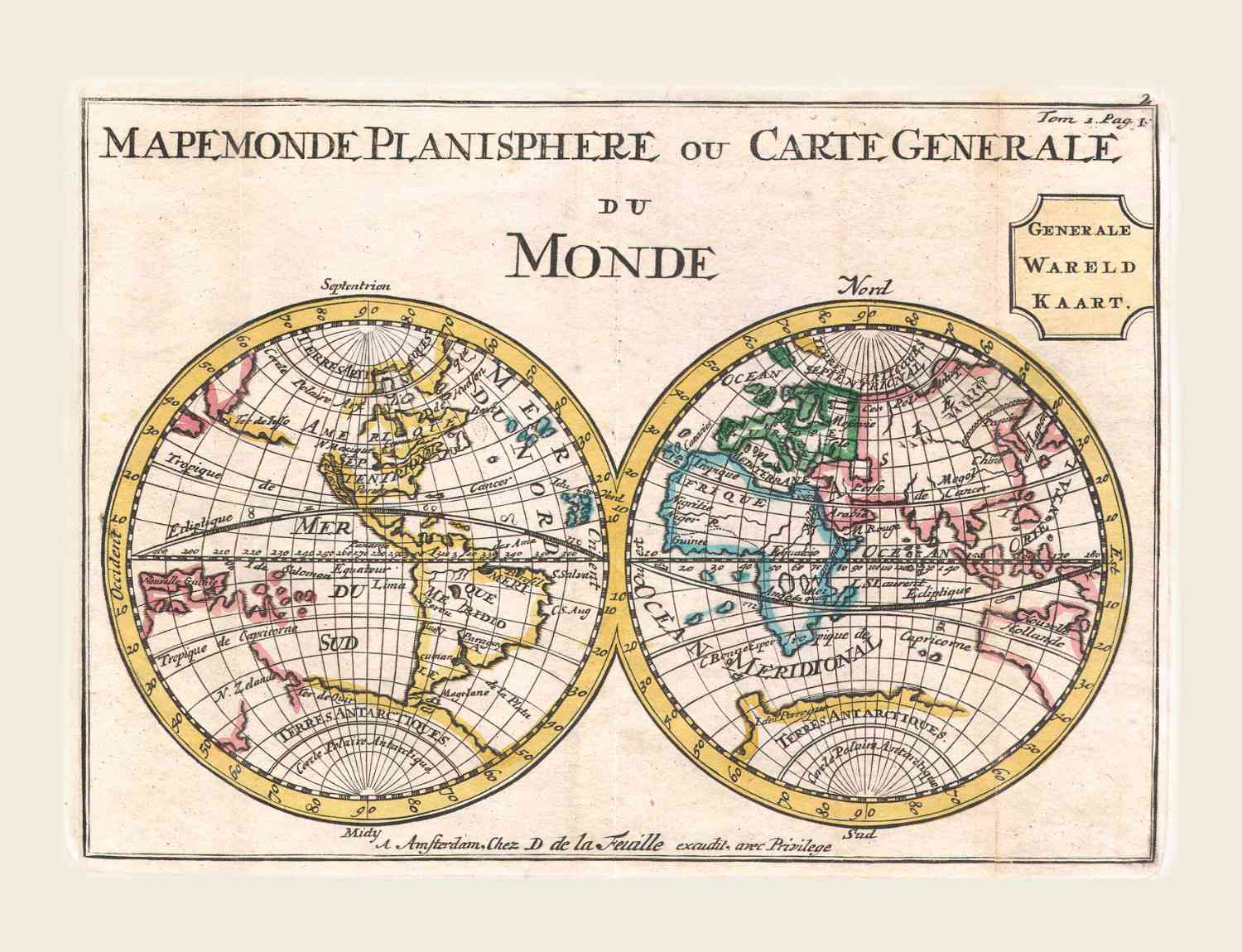 Wereldkaart 1706 Planisphere De la Feuille