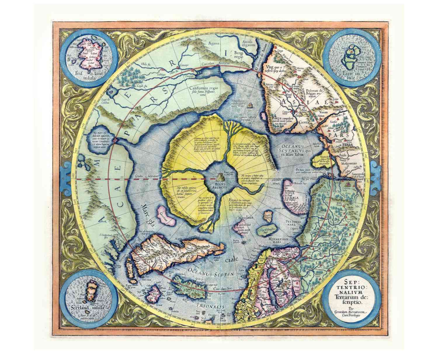Museumkwaliteit reproductie van de historische landkaart: Septentrionalium Terrarum Descriptio uit 1623 door Gerard Mercator.